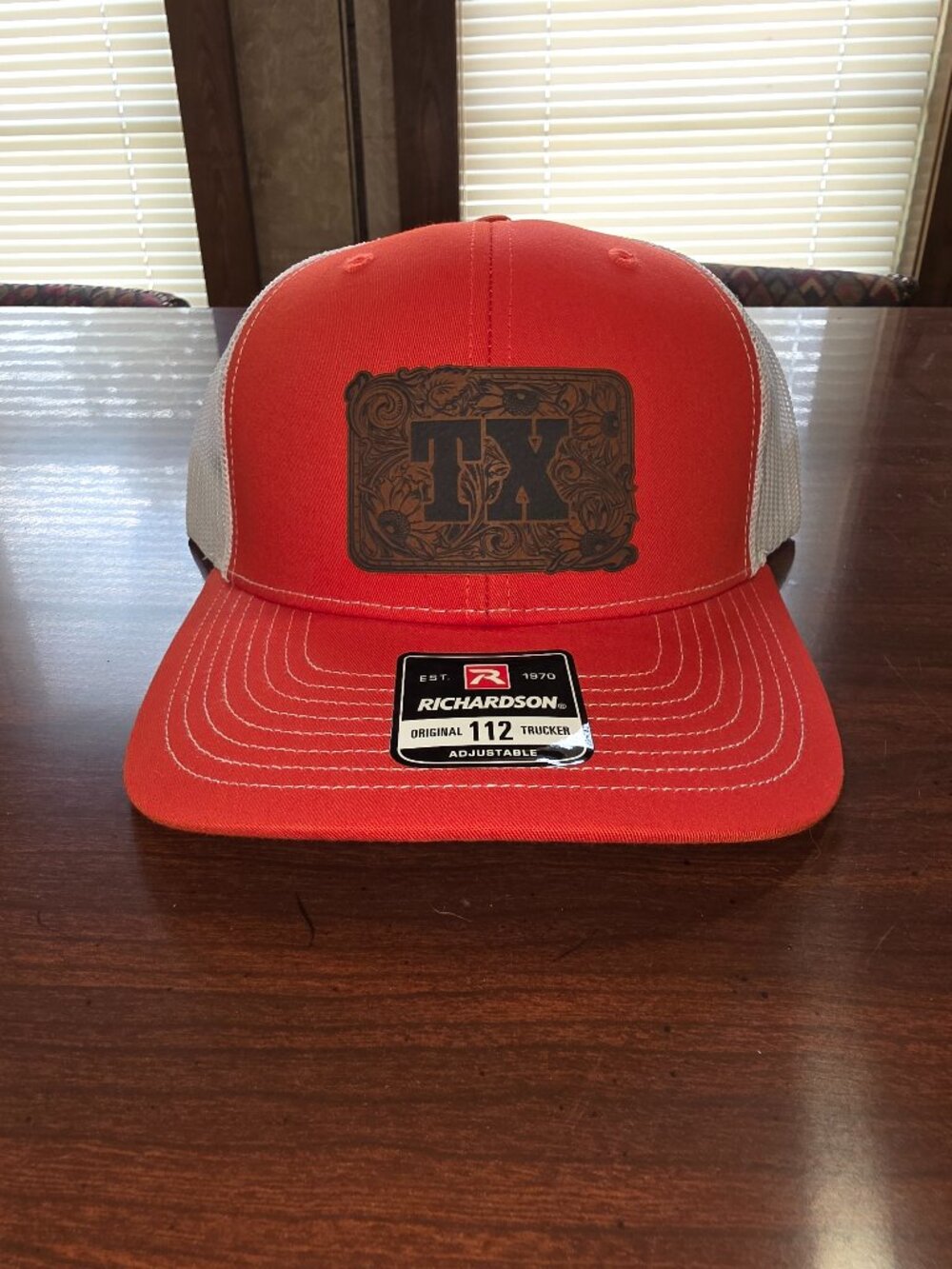 Richardson Orange/White Adjustable Mesh Back Trucker Hat "TX" Patch
